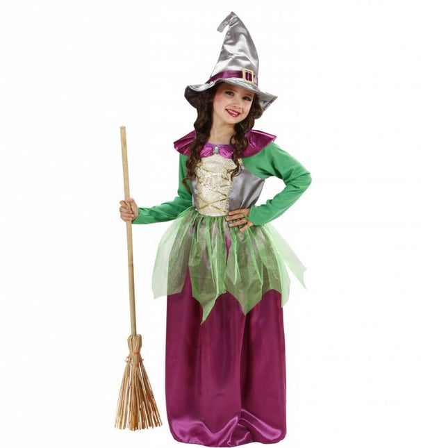 Halloweenkleding heks kind groen/paars