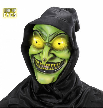 Halloweenmaskers: Heks met kap en oplichtende ogen