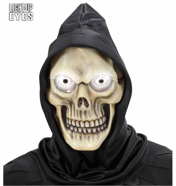 Halloweenmaskers: Schedelmasker met kap en oplichtende ogen