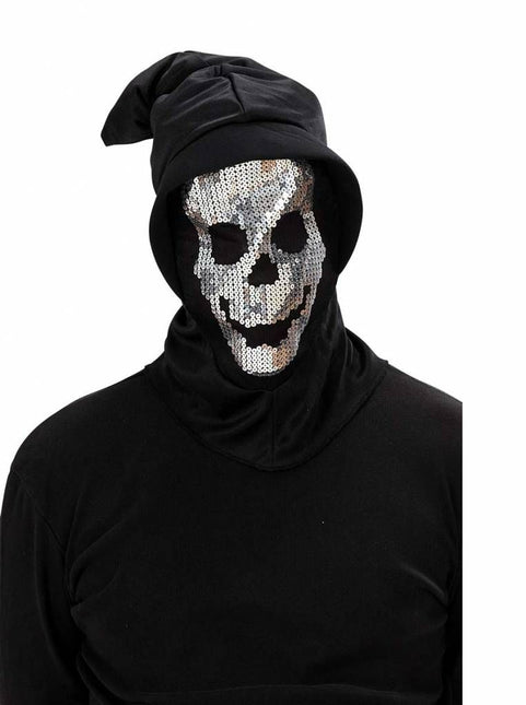 Halloweenmaskers: Schedelmasker met kap en pailletten
