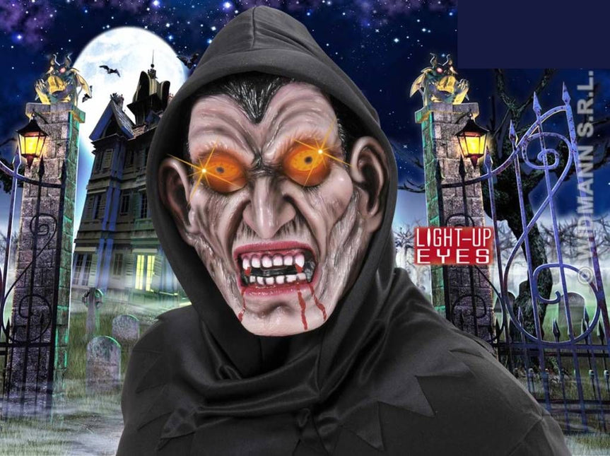Halloweenmaskers: Vampiersmasker met kap en oplichtende ogen