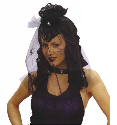 Halloweenpruik dark mistress met sluier en spin