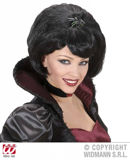 Halloweenpruik zwarte weduwe met spin