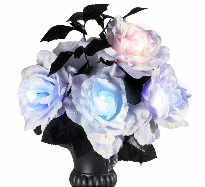 Bloemstuk met 6 witte rozen met kleurverlichting