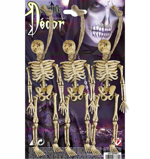 Halloweenaccessoires: 3 Skeletten opgehangen 15 cm