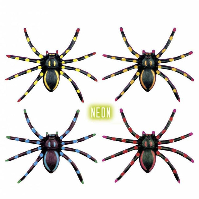Halloweenaccessoires: 4 Neon spinnen 7 cm