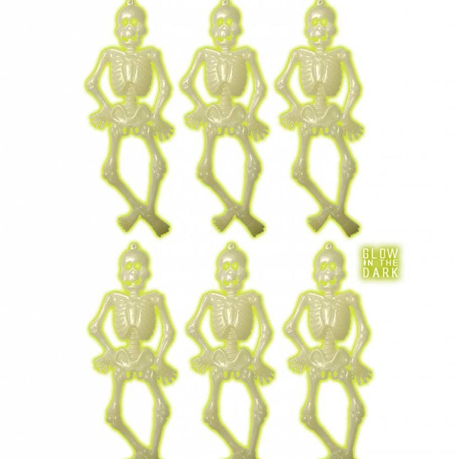 Halloweenaccessoires: 6 Lichtgevende skeletten 15 cm
