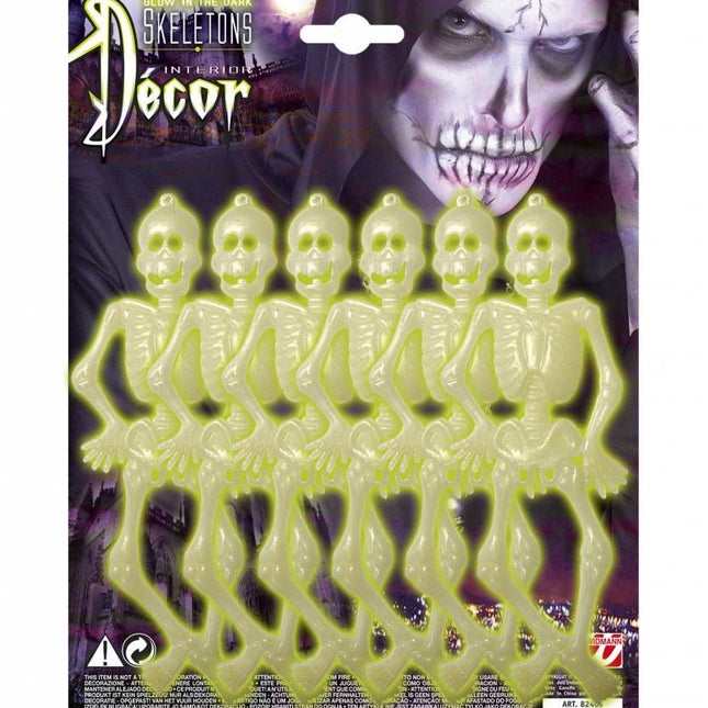 Halloweenaccessoires: 6 Lichtgevende skeletten 15 cm