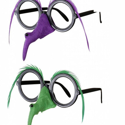Halloweenaccessoires bril met heksenneus en veren wenkbrouwen