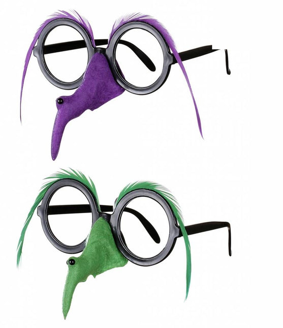Halloweenaccessoires bril met heksenneus en veren wenkbrouwen