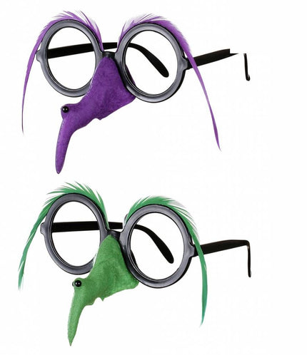 Halloweenaccessoires bril met heksenneus en veren wenkbrouwen