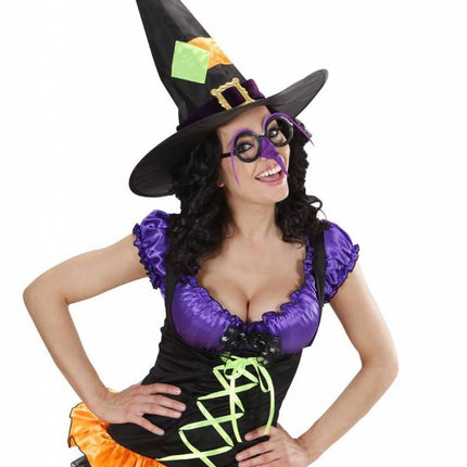 Halloweenaccessoires bril met heksenneus en veren wenkbrouwen