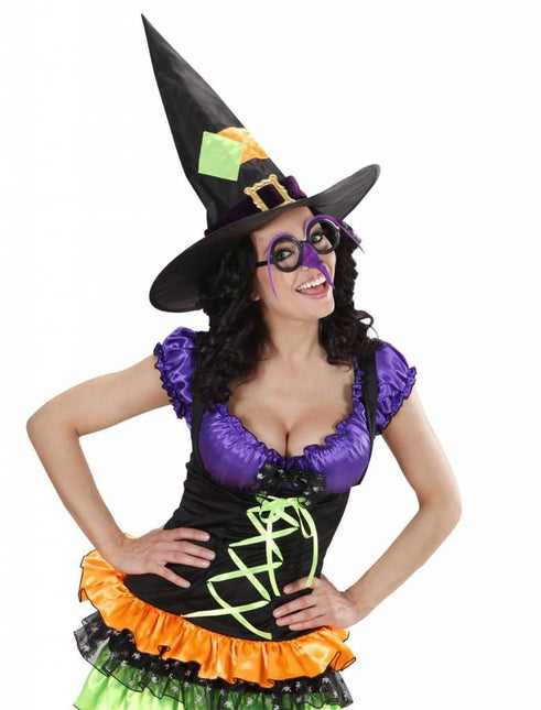 Halloweenaccessoires bril met heksenneus en veren wenkbrouwen