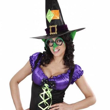 Halloweenaccessoires bril met heksenneus en veren wenkbrouwen