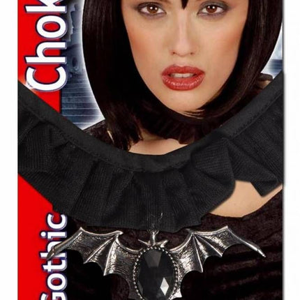 Halloweenaccessoires choker vleermuis met zwarte gemsteen