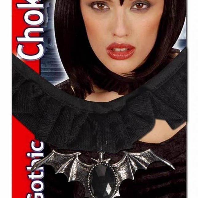 Halloweenaccessoires choker vleermuis met zwarte gemsteen
