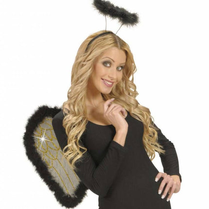 Halloweenaccessoires glitter vleugels zwart met marabou