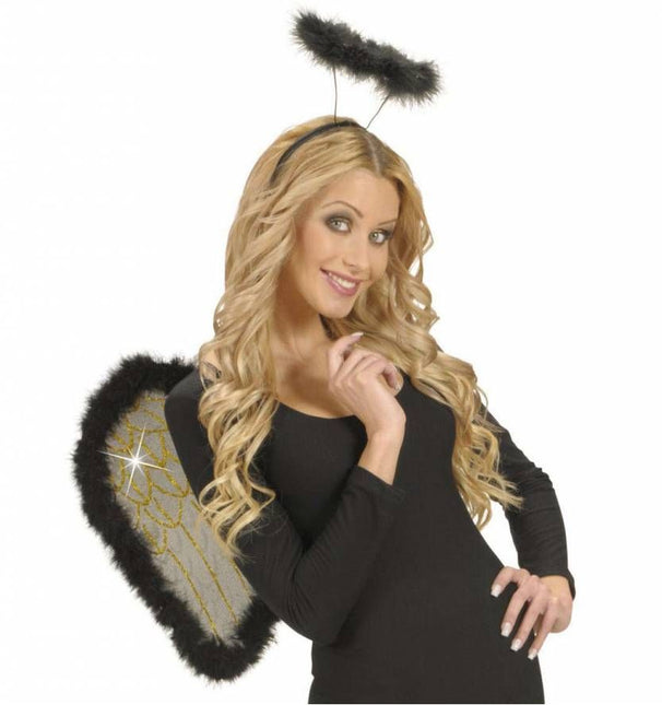 Halloweenaccessoires glitter vleugels zwart met marabou