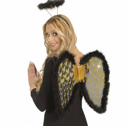 Halloweenaccessoires glitter vleugels zwart met marabou