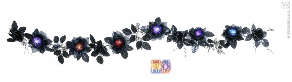 Halloweenaccessoires guirlande met zwarte rozenschedelsverlichting 180cm