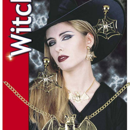 Halloweenaccessoires: Halsketting en oorbellen vleermuis