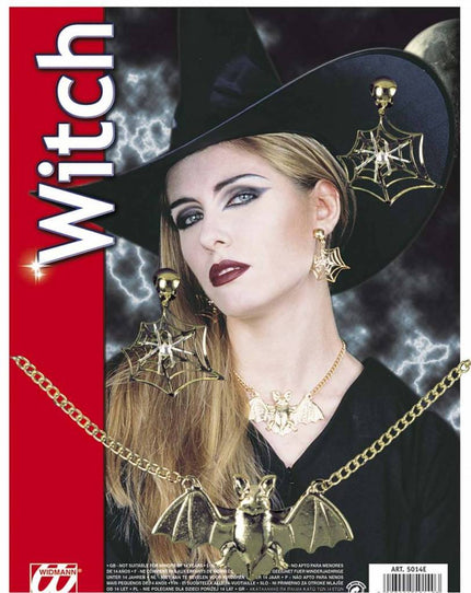 Halloweenaccessoires: Halsketting en oorbellen vleermuis