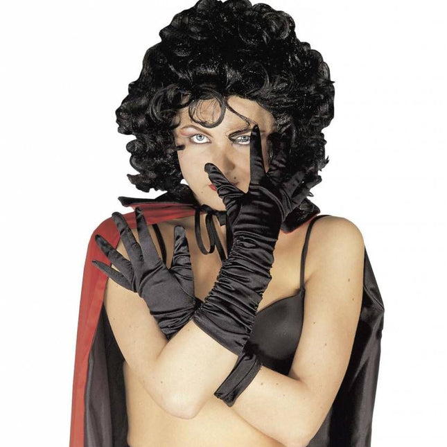 Halloweenaccessoires handschoenen satijn zwart geplooid
