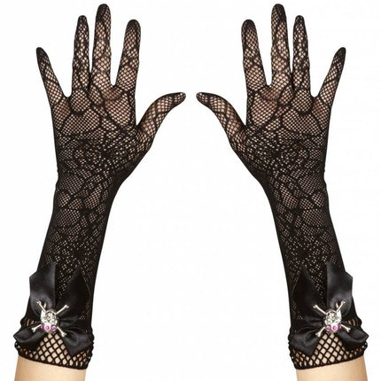 Halloweenaccessoires handschoenen spinneweb met strass schedel