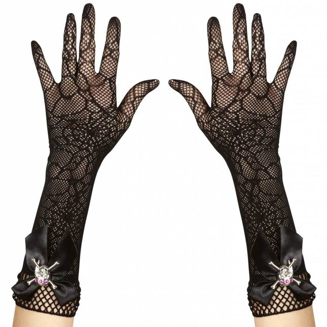 Halloweenaccessoires handschoenen spinneweb met strass schedel