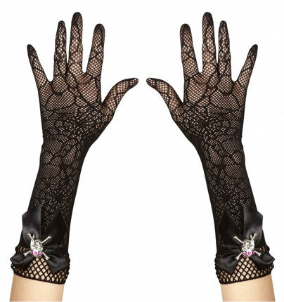 Halloweenaccessoires handschoenen spinneweb met strass schedel