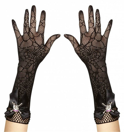 Halloweenaccessoires handschoenen spinneweb met strass schedel