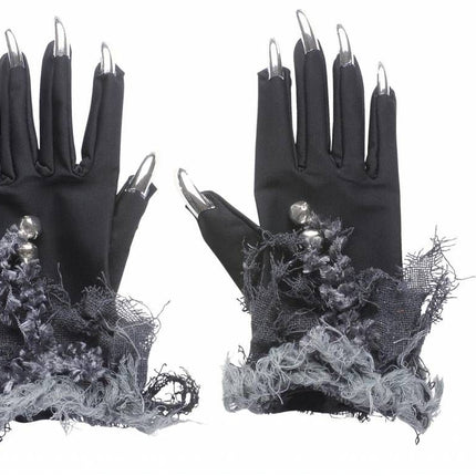 Halloweenaccessoires: Heksenhandschoen met zilveren nagels