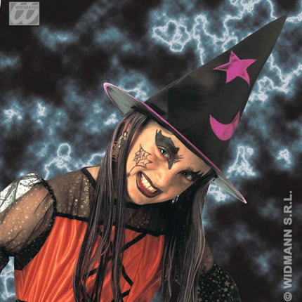 Halloweenaccessoires heksenhoed met haar en decoratie