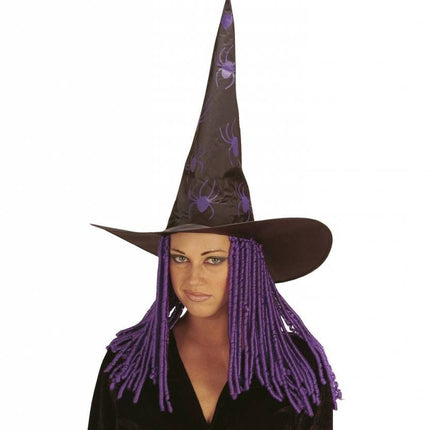 Halloweenaccessoires: Heksenhoed met spinnen en dreadlocks