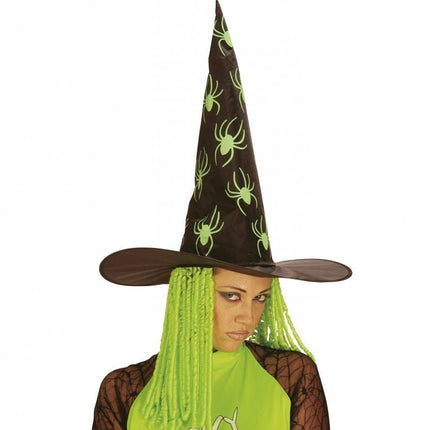 Halloweenaccessoires: Heksenhoed met spinnen en dreadlocks