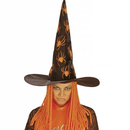 Halloweenaccessoires: Heksenhoed met spinnen en dreadlocks