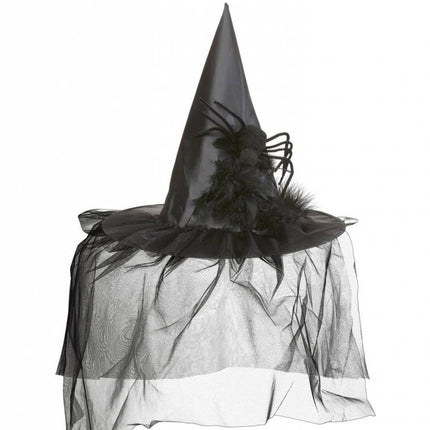 Halloweenaccessoires heksenhoed met tule-veren en spin