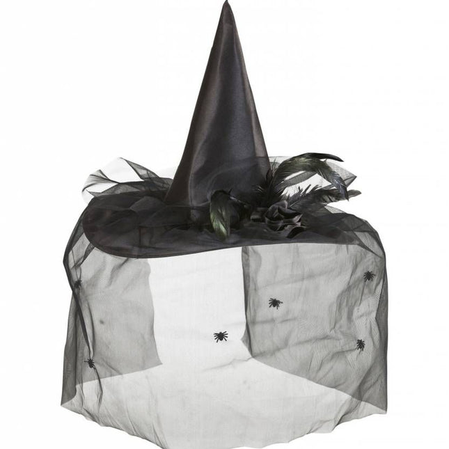 Halloweenaccessoires heksenhoed met tulle bloem en veren