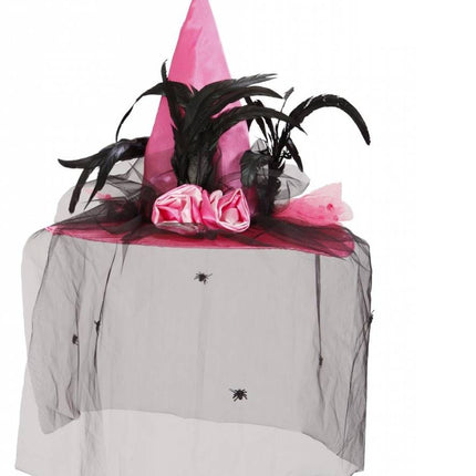 Halloweenaccessoires: Heksenhoed met veren en voile