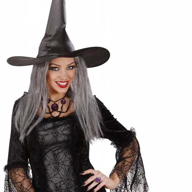 Halloweenaccessoires heksenhoed satijn met haar