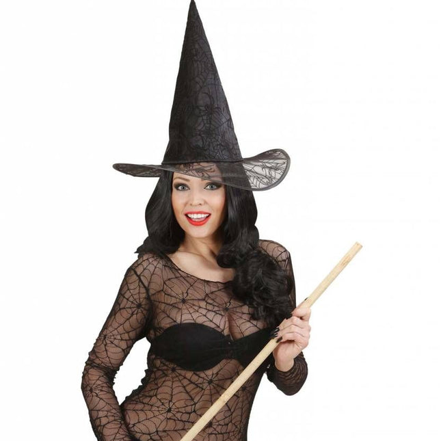 Halloweenaccessoires heksenhoed spinneweb glitter