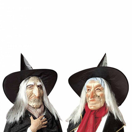 Halloweenaccessoires: Heksenmasker met hoed en haar