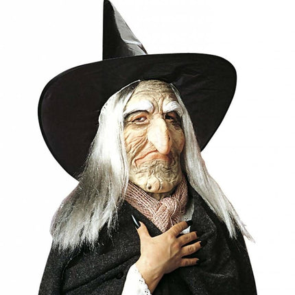 Halloweenaccessoires: Heksenmasker met hoed en haar
