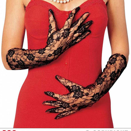 Halloweenaccessoires kanten handschoenen zwart lang