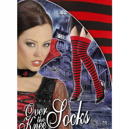 Halloweenaccessoires kniekousen rood/zwart gestreept