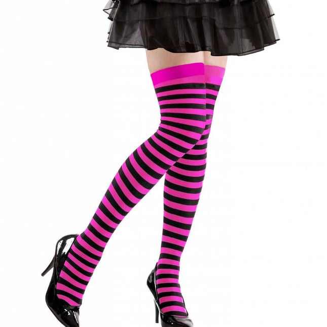 Halloweenaccessoires kniekousen rose/zwart gestreept