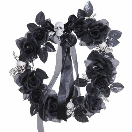 Halloweenaccessoires krans met zwarte rozenschedelsverlichting 45cm