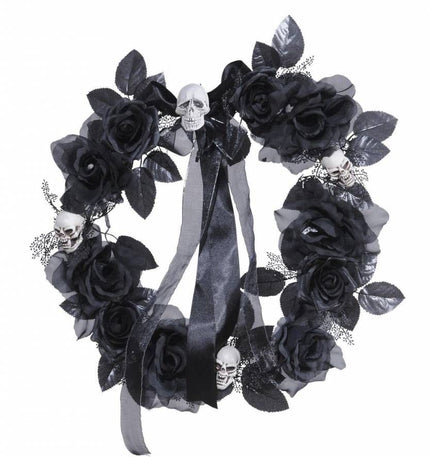 Halloweenaccessoires krans met zwarte rozenschedelsverlichting 45cm