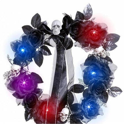 Halloweenaccessoires krans met zwarte rozenschedelsverlichting 45cm