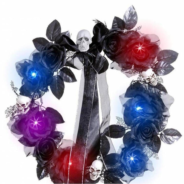Halloweenaccessoires krans met zwarte rozenschedelsverlichting 45cm